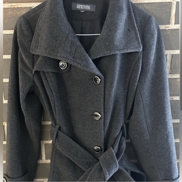 Kenneth Cole Black Wool Blend Coat Wide Collar Belted Waist - Picture 2 of 10